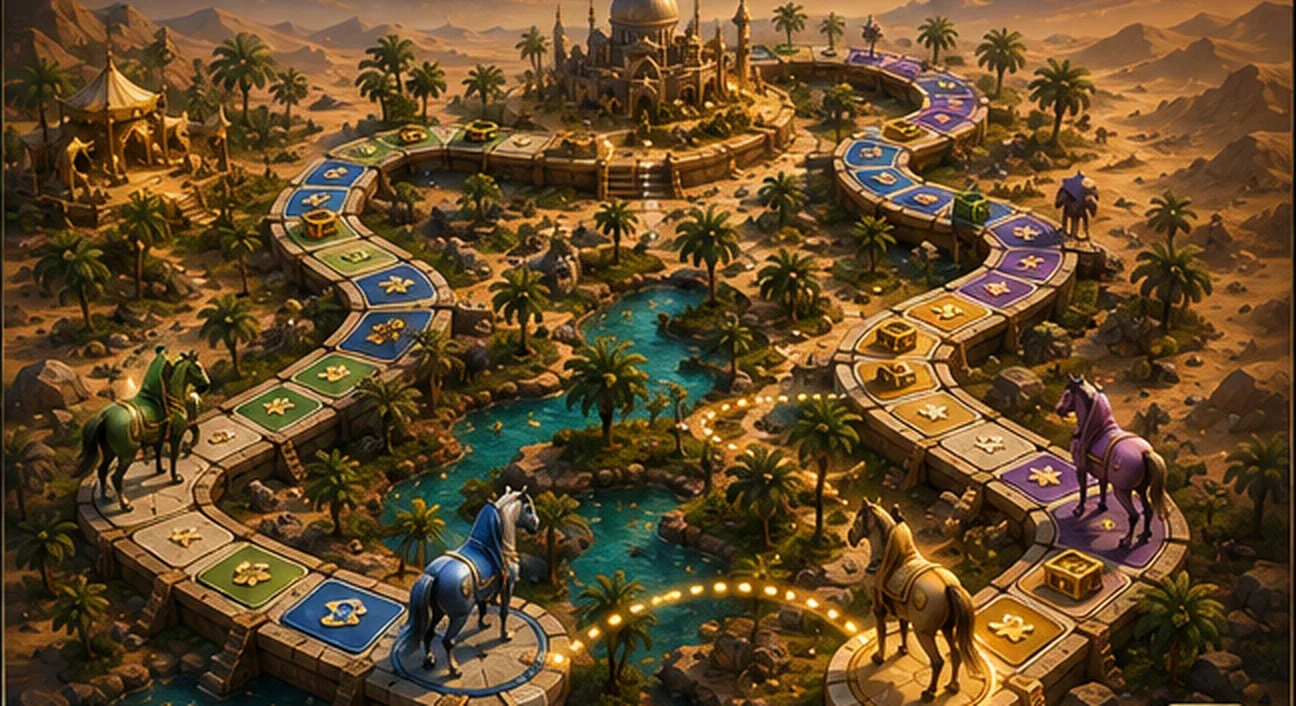 Vue du parcours d'IqraQuest serpentant entre les palmiers, avec les chevaux des quatre écuries.