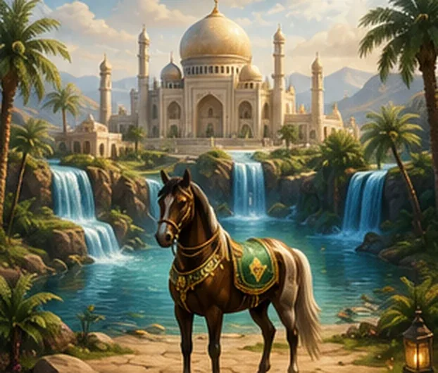 Oasis d'arrivée d'IqraQuest : cascades, palmiers et un cheval harnaché devant une architecture de pierre claire.